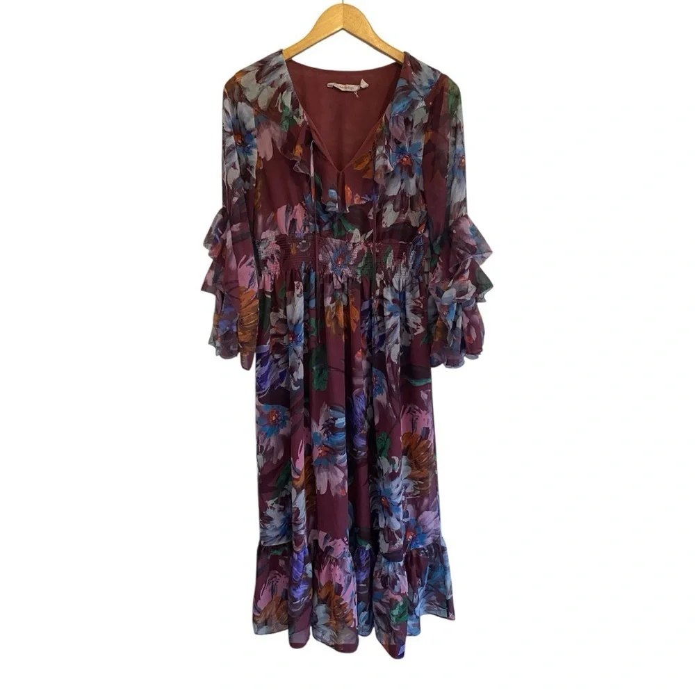 Soft Surroundings Fiore Rosa Merlot Floral Ruffled 3/4 Sleeve Tiered Maxi Dress - Picture 2 of 8